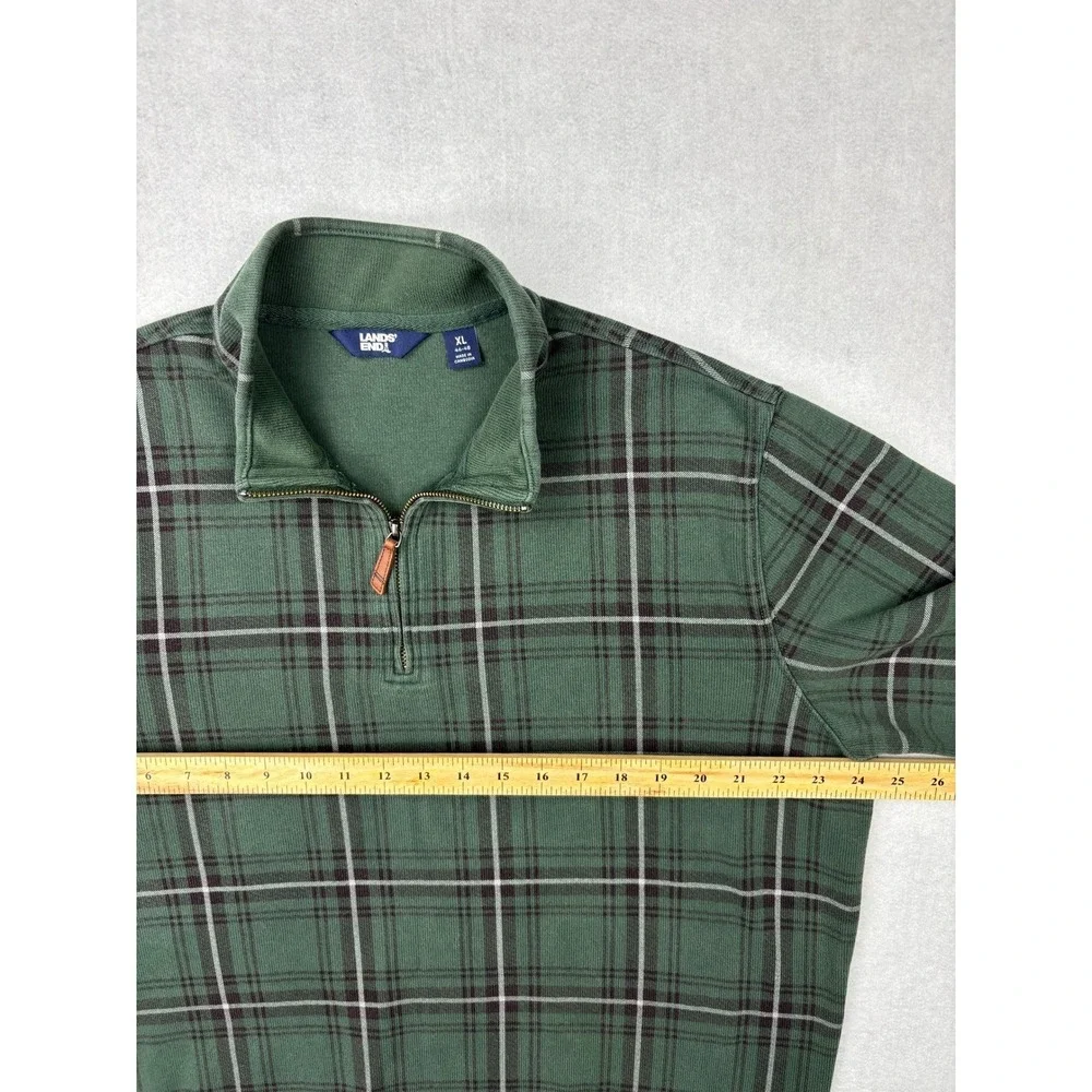 Lands End Quarter Zip Sweatshirt Mens XL Green Plaid Fleece Pullover Mock Neck